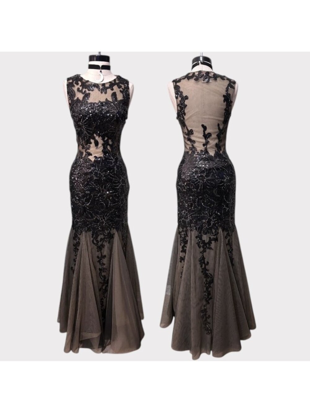 Goth Black Nude Mermaid Gown Maxi Sequin Lace Size 0 Formal Prom Party